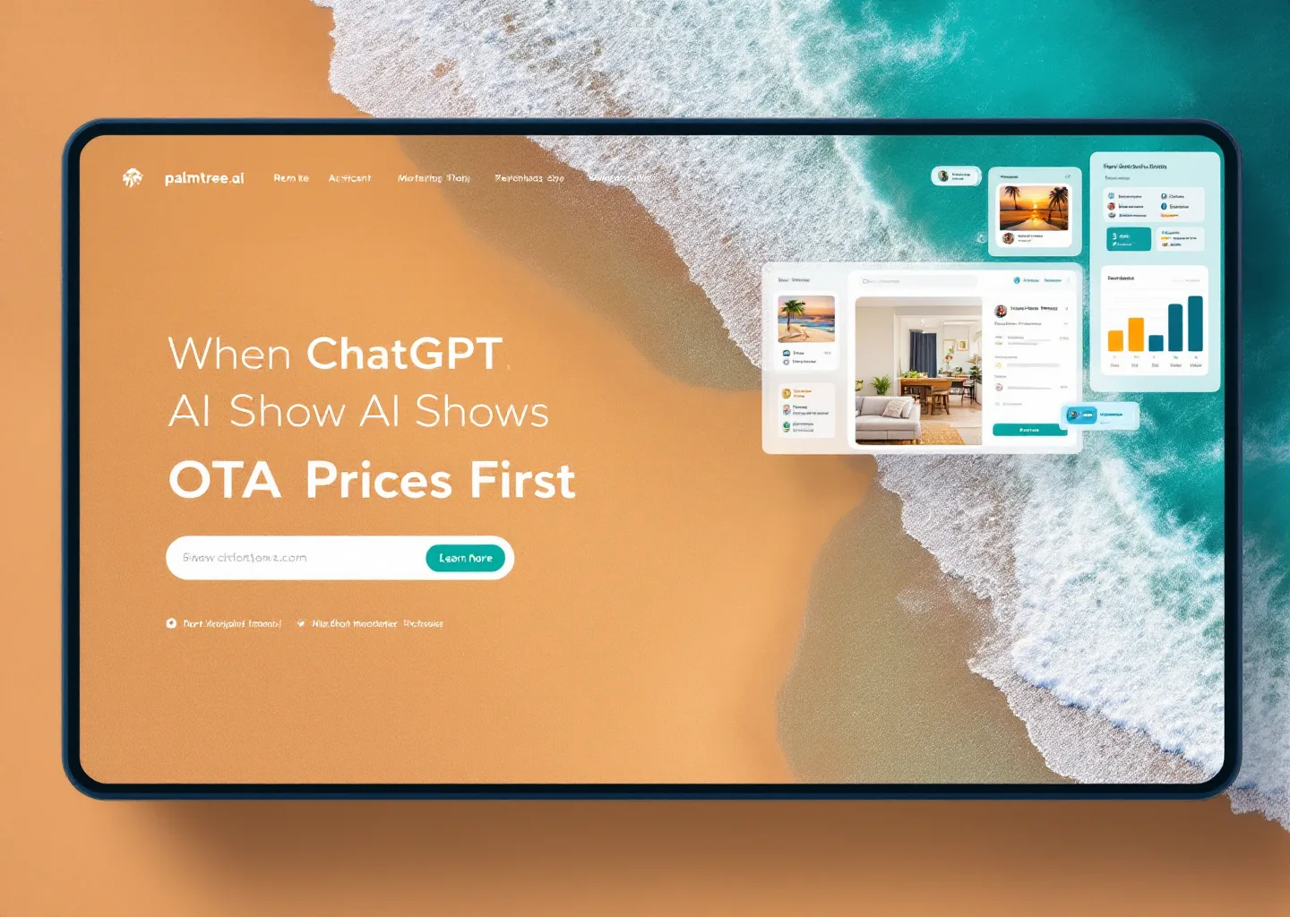 Editorial illustration of a hotel rate displayed across an AI assistant answer and an OTA listing side by side