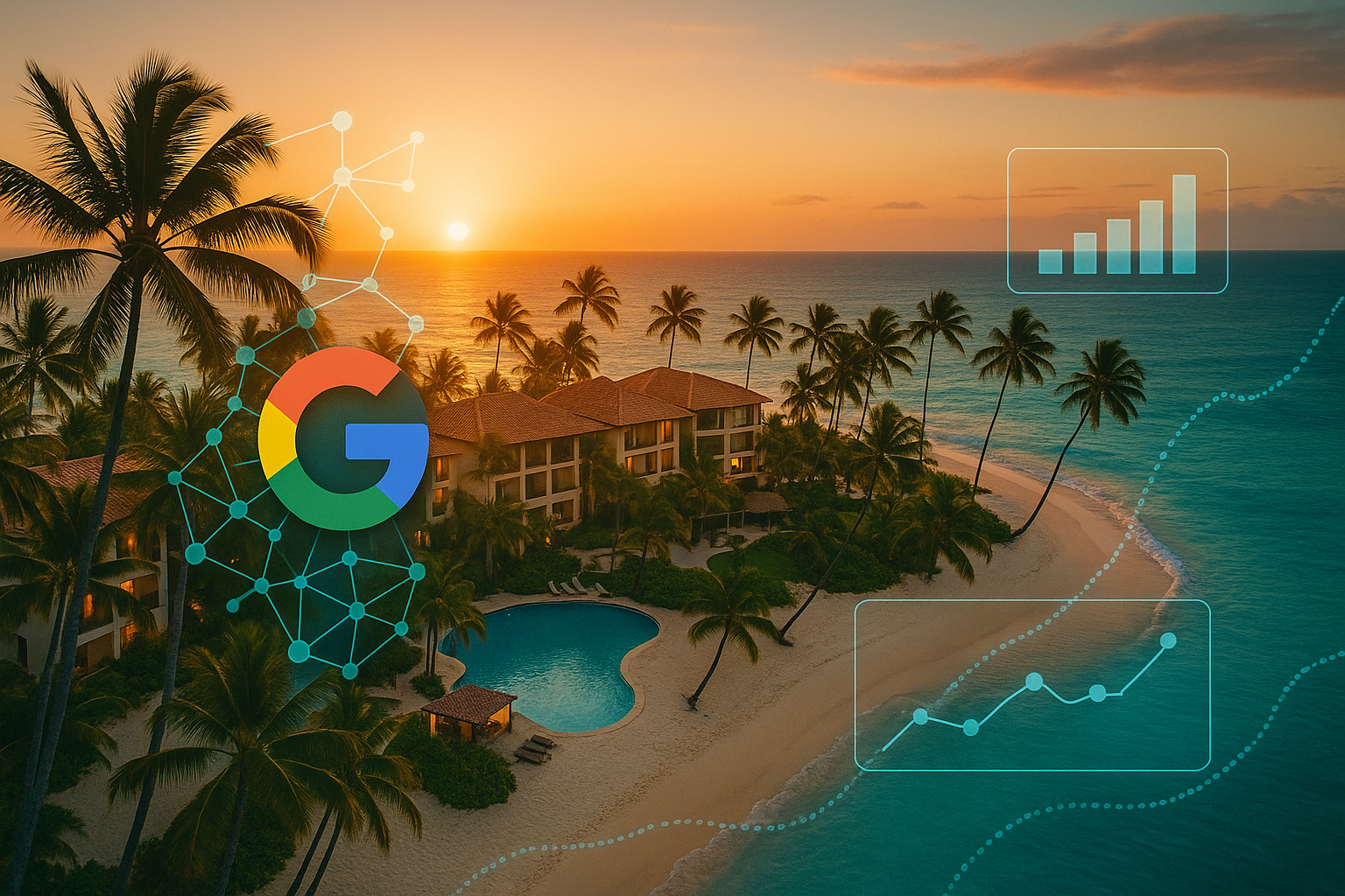 Google Gemini AI recommending travel businesses with tropical resort imagery