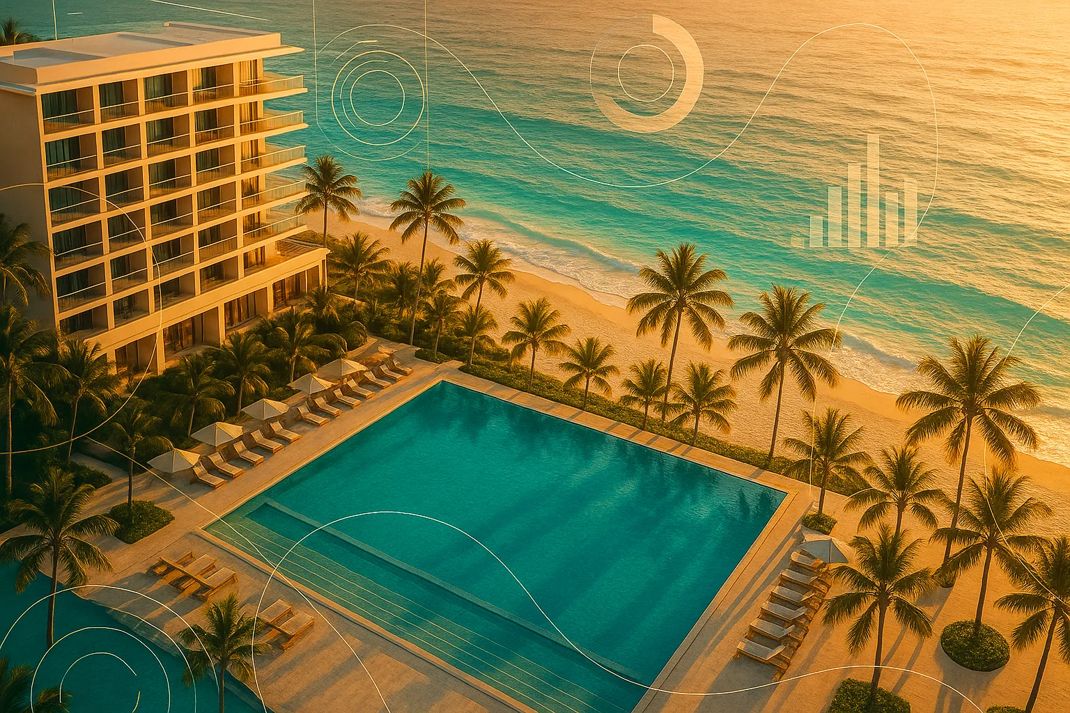 Luxury beachfront hotel at golden hour representing direct AI bookings