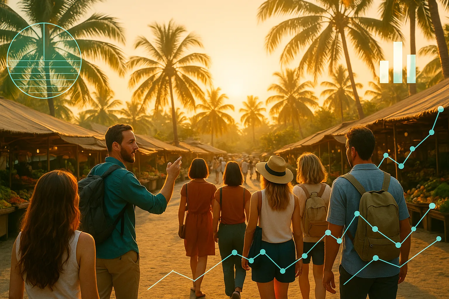 Tour operator leading travelers through a tropical destination with AI-powered direct booking overlay